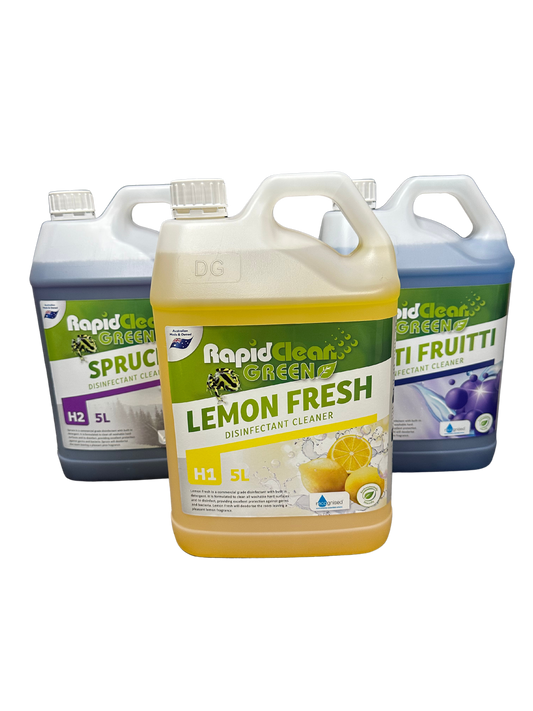 Lemon Fresh, Spruce & Tutti Fruitti is a commercial grade disinfectant with built-in detergent. It is formulated to clean all washable hard surfaces and to disinfect, providing excellent protection against germs and bacteria. It will deodorise the room leaving a pleasant fragrance.  Mackay