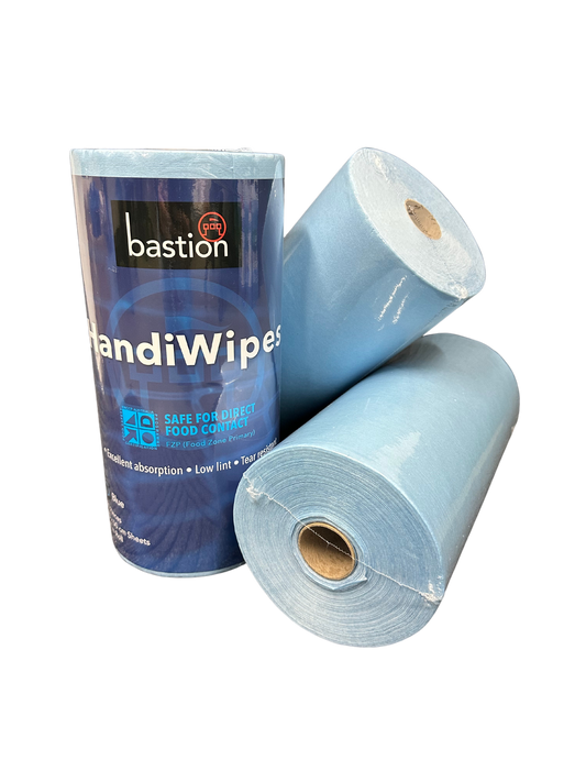 •	High quality and strength •	Wood pulp fibre and polyester composition •	Excellent absorbtion with liquids, fats, oils and grease •	Suitable for use with many solvents •	Low Lint •	30x50cm sheets on a 45m Roll •	90 sheets per roll  Mackay