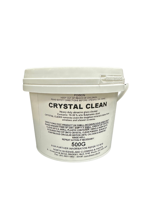 Heavy duty abrasive glass cleaner. Crystal Clean removes even the toughest mineral stains from windows and shower screens. Mackay