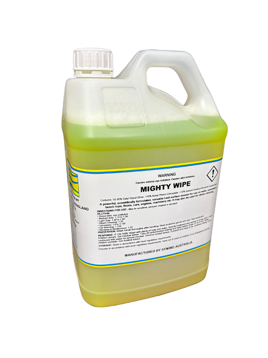 This is a great option when you need a little extra elbow grease. Mighty Wipe is a concentrated spray and wipe with extra muscle, for use on hard surfaces such as walls, bench tops, non-polished floor, cars, engines, machinery and upholstery etc. It may also be used for steam cleaning. Mackay