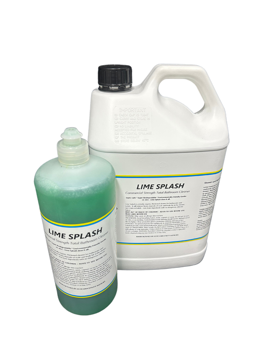 Commercial strength total bathroom cleaner. Lime Splash is septic safe, biodegradable, organic, environmentally friendly and gentle on the skin. It will remove soap scum, rust stains, water scales marks, and other common bathroom stains and grime. It can be used on surfaces like sinks, toilets, showers, bathtubs, tiles, countertops, and fixtures. The mixture is a runny consistency making it easy to use. Mackay