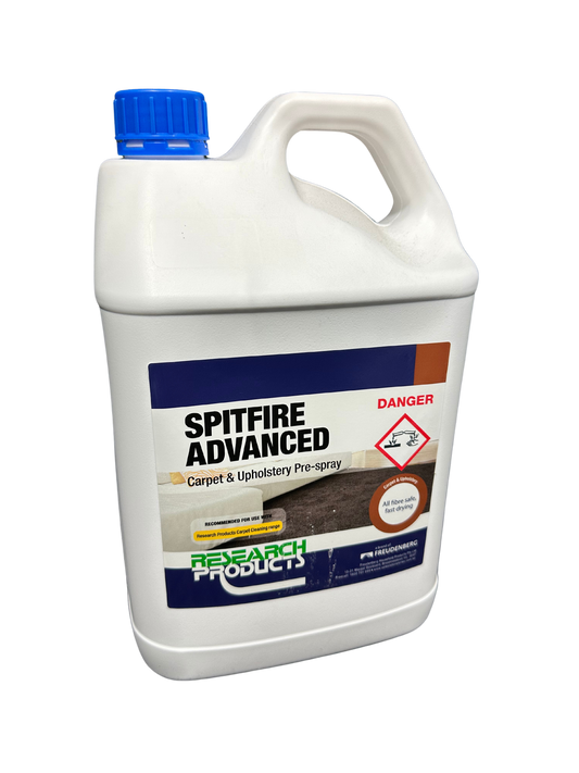 As a pre-spray it is suitable for use on regular and new low profile style carpets and upholstery to remove greasy, stubborn stains. Suitable for wool, wool blend and olefin and satin treated nylon fibre carpets. SPITFIRE ADVANCED rinses freely and allows more dirt and greasy soil to be removed leaving it fresh and brilliantly clean. Mackay