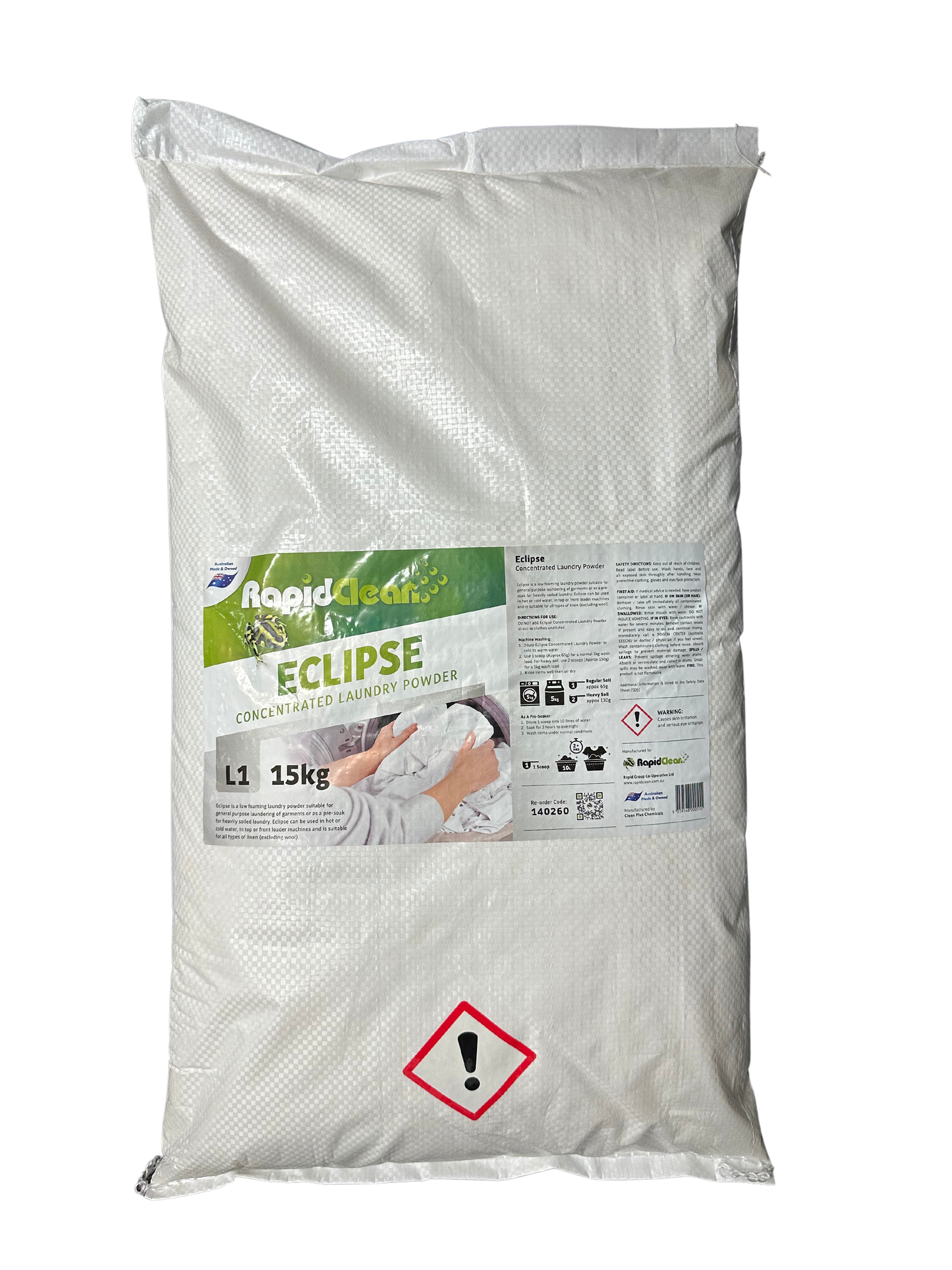 RapidClean Eclipse Concentrated Laundry Powder is a low foaming powder suitable for all types of linen (excluding wool) and is recommended for top/front loading machines. It can be used as a pre-soak for heavily soiled laundry prior to washing. Eclipse is Grey Water safe and complies with Australian standards for phosphate content. Mackay