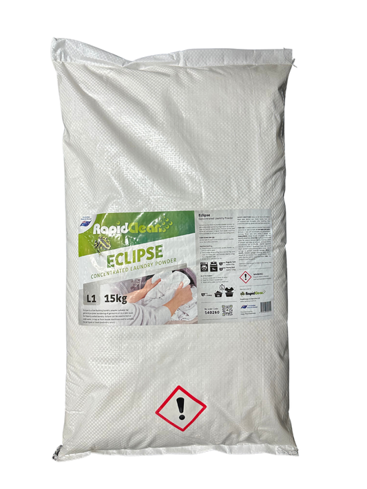 RapidClean Eclipse Concentrated Laundry Powder is a low foaming powder suitable for all types of linen (excluding wool) and is recommended for top/front loading machines. It can be used as a pre-soak for heavily soiled laundry prior to washing. Eclipse is Grey Water safe and complies with Australian standards for phosphate content. Mackay